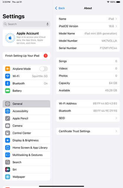 WiFi Only Apple iPad Mini 6th Gen 64GB SPACE GRAY MK7M3LL/A