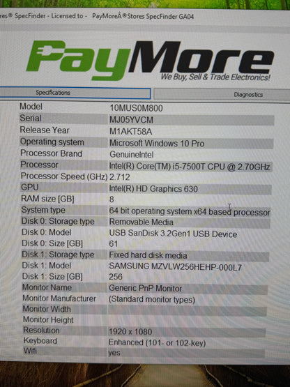 Lenovo ThinkCentre MJ05YVCM i5-7500T 2.70GHz 8GB RAM 240GB SSD