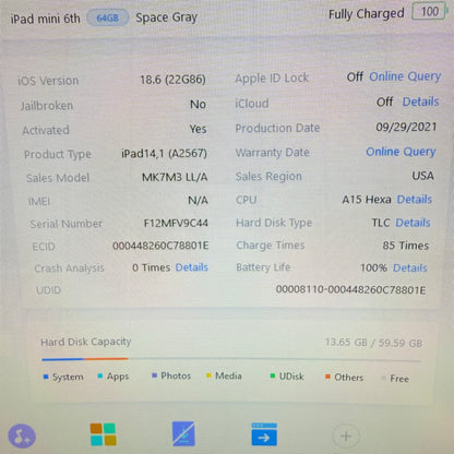 WiFi Only Apple iPad Mini 6th Gen 64GB SPACE GRAY MK7M3LL/A