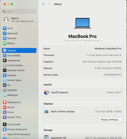 2020 Apple MacBook Air 13.3" i5 1.4GHz 8GB RAM 500GB SSD Silver A2289